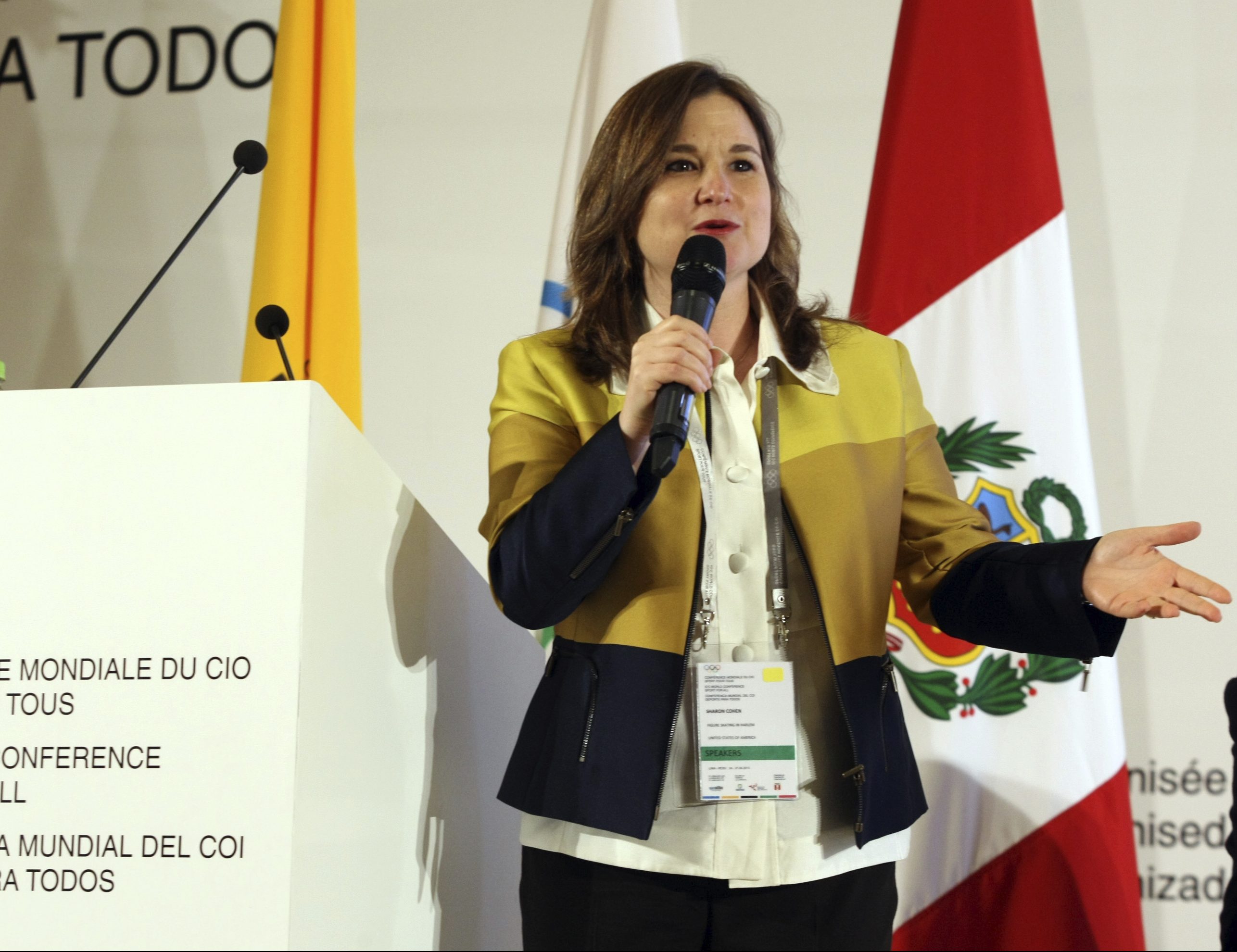 LIMA, PERU - APRIL 27: Sharon Cohen, Founder and Executive Director, Figure Skating in Harlem delivers a speech during Subsiadiary Session #3B as part of the closing day of the 15th IOC World Conference Sports For All  at Sala Huascaran on April 27, 2013 in Lima, Peru. (Photo by Raul Sifuentes/LatinContent/Getty Images)